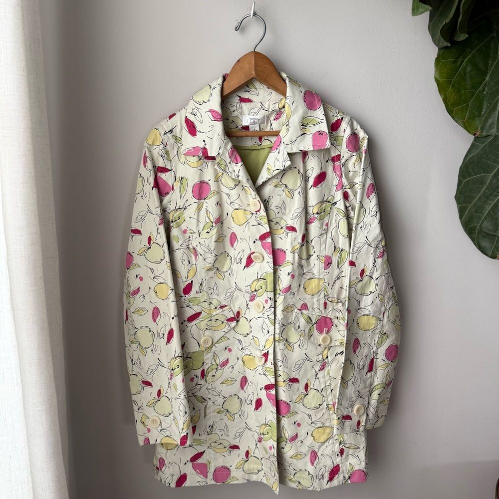 Ann Taylor LOFT Vintage Y2K Fruit Print Apple Pear Trench Coat Jacket Cotton
